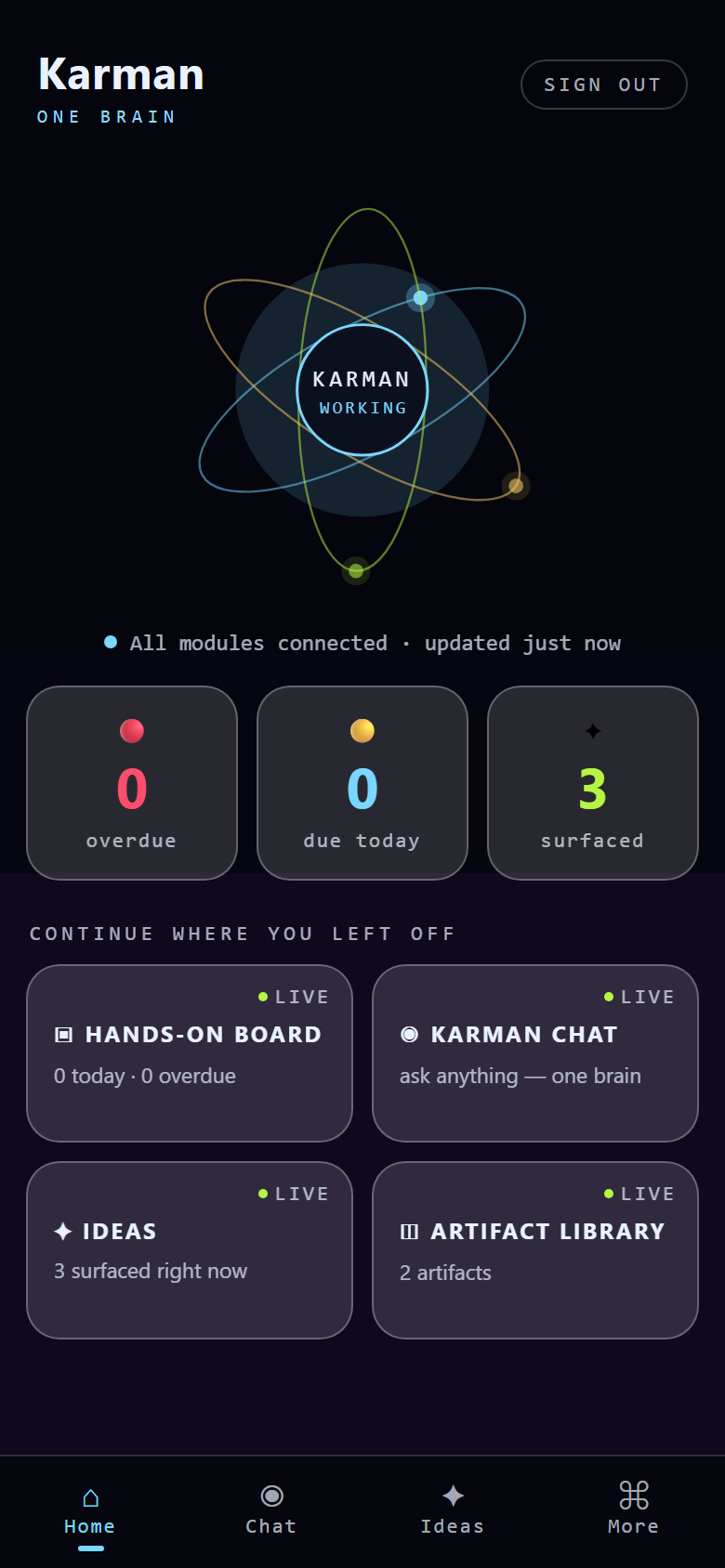 Karman mobile app home screen (demo data)