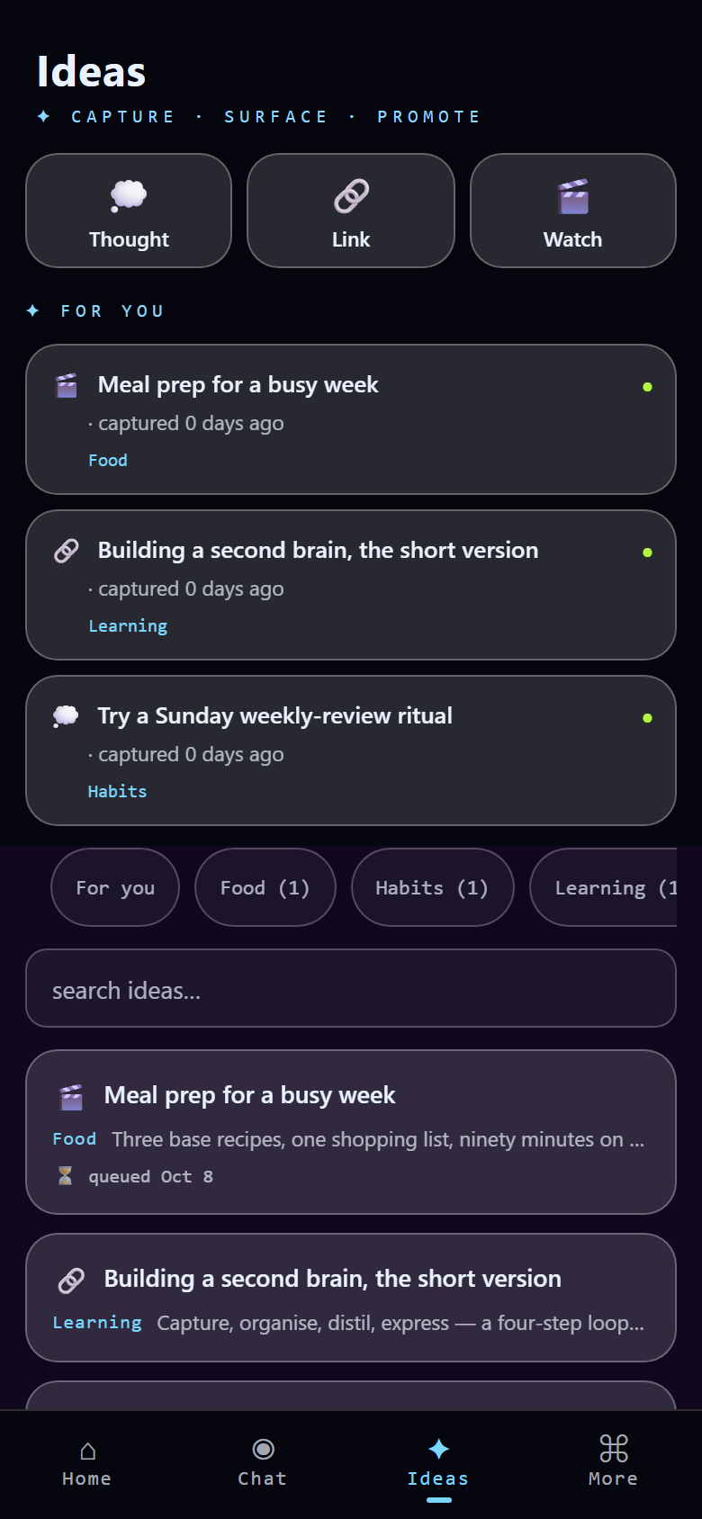 Mobile ideas screen (demo data)